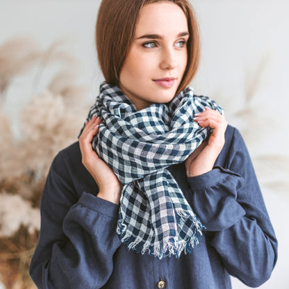 Lightweight linen scarf BLUE GINGHAM