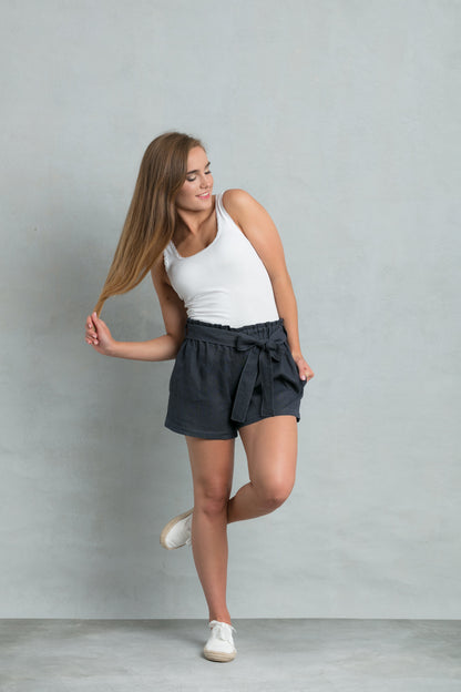 High waisted linen shorts with tie belt