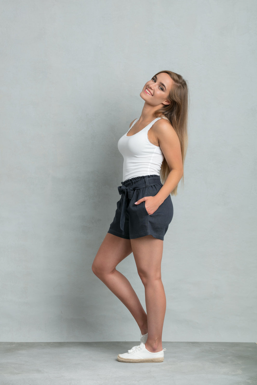 High waisted linen shorts with tie belt