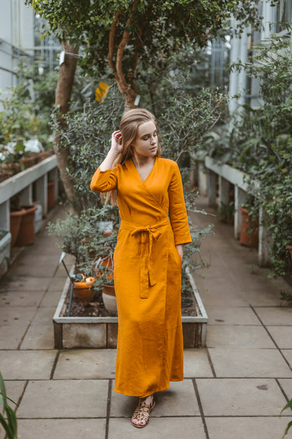 Linen wrap dress Amber Orange