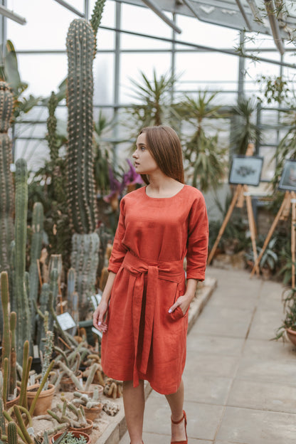 Women Linen Dress Burnt Orange