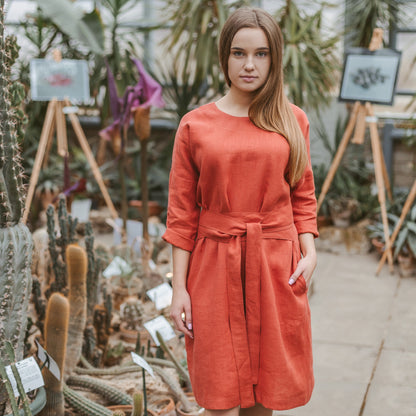 Women Linen Dress Burnt Orange